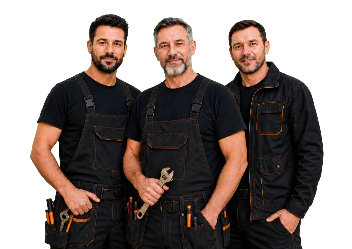 Echipa Repară Casa cu trei meseriași apropiați, fotografiați de la brâu în sus